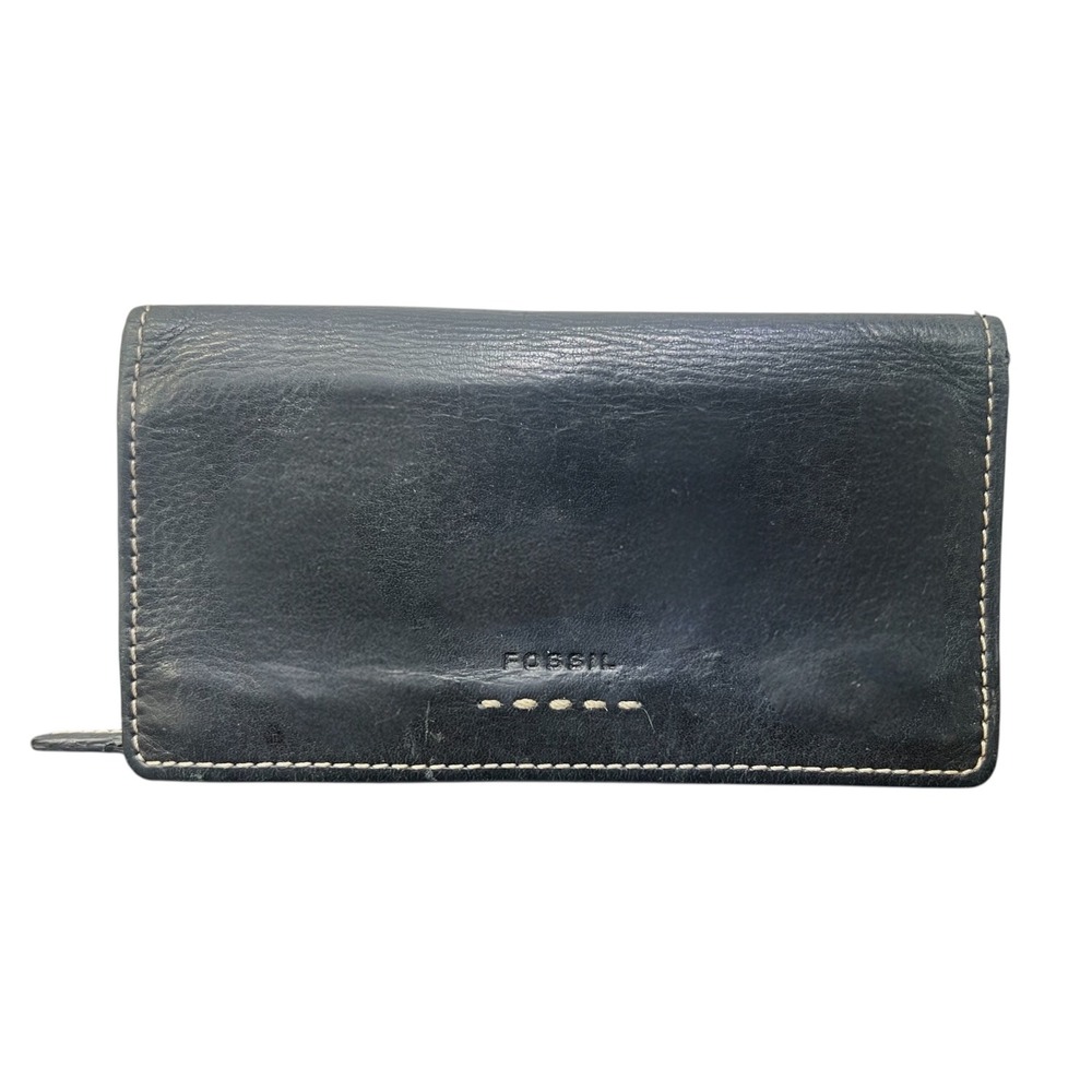 Fossil Black Genuine Leather Slim Bifold Wallet Checkbook Cover Clutch Womens
